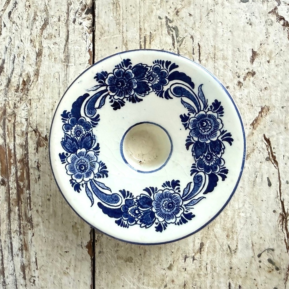 Vintage Elesva Delft Holland Blue White Floral Ceramic Candlestick Holder